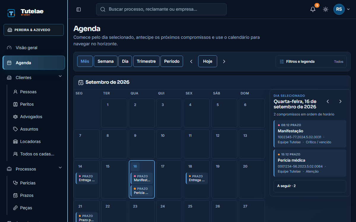 Agenda da semana com perícias e compromissos por dia.