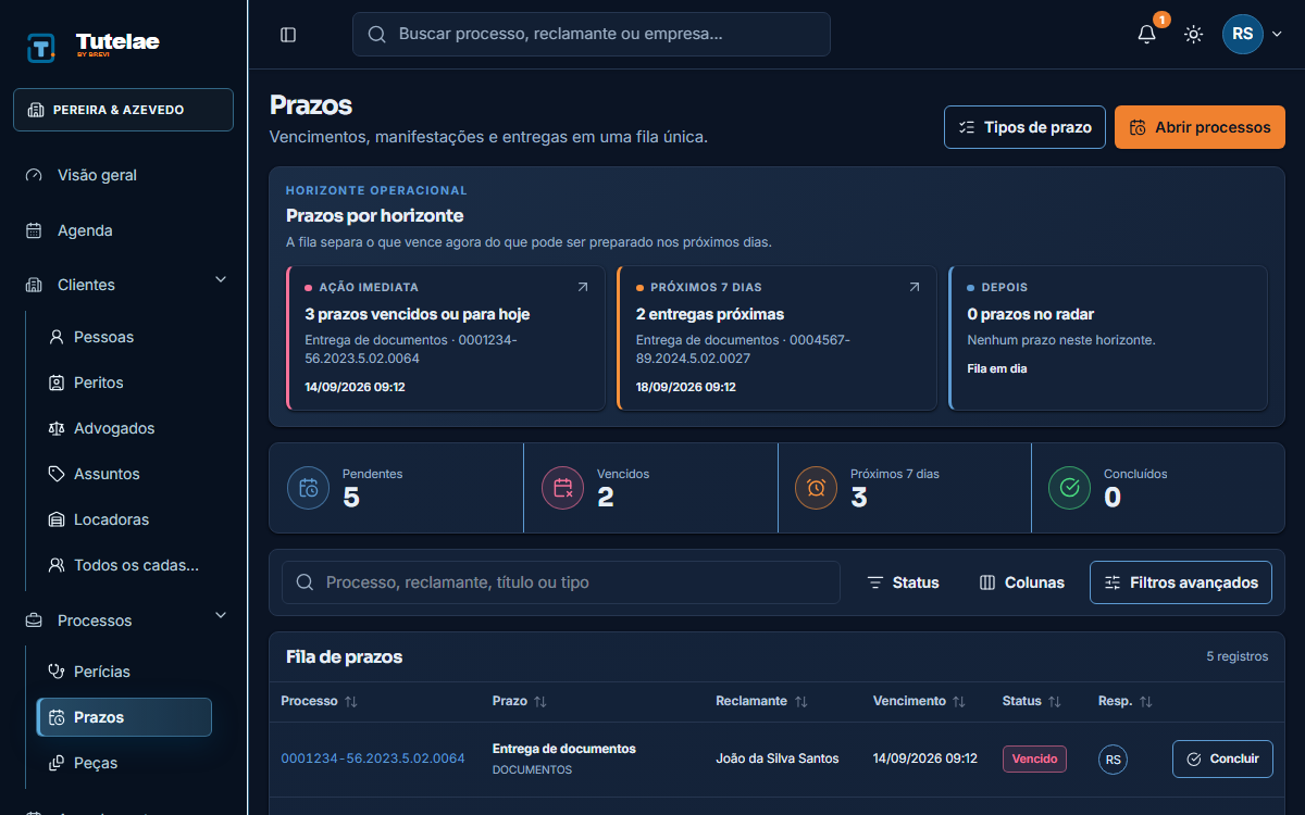 Lista de prazos com responsável, processo e data de vencimento.